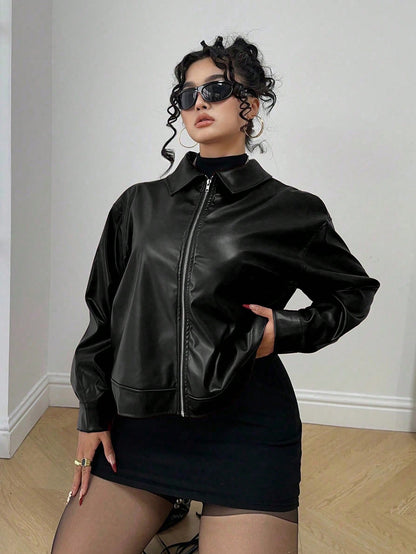 POPSWAY Plus Size Zip Up Solid PU Leather Collar Jacket, Long Sleeve, For Winter Fall Cloth For Women Autumn