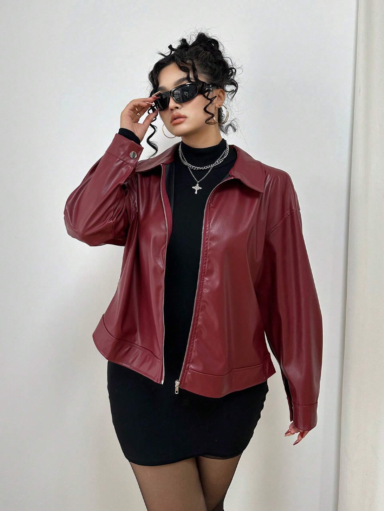 POPSWAY Plus Size Zip Up Solid PU Leather Collar Jacket, Long Sleeve, For Winter Fall Cloth For Women Autumn