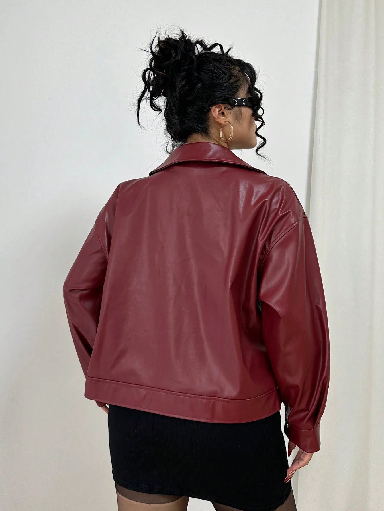 POPSWAY Plus Size Zip Up Solid PU Leather Collar Jacket, Long Sleeve, For Winter Fall Cloth For Women Autumn