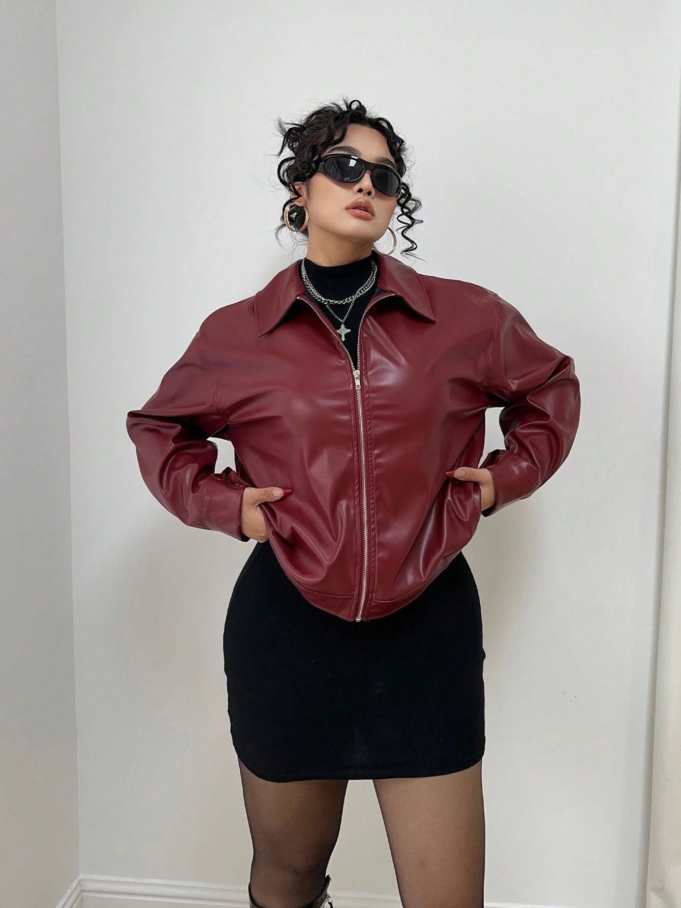 POPSWAY Plus Size Zip Up Solid PU Leather Collar Jacket, Long Sleeve, For Winter Fall Cloth For Women Autumn