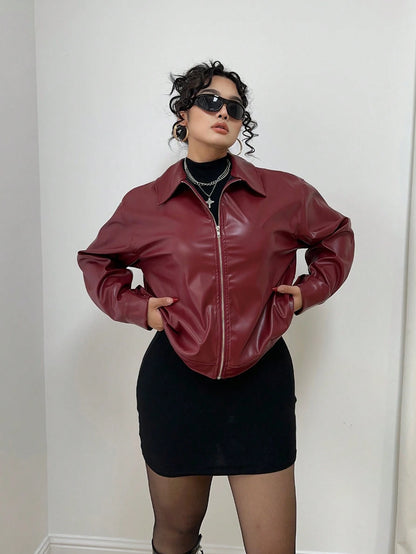 POPSWAY Plus Size Zip Up Solid PU Leather Collar Jacket, Long Sleeve, For Winter Fall Cloth For Women Autumn