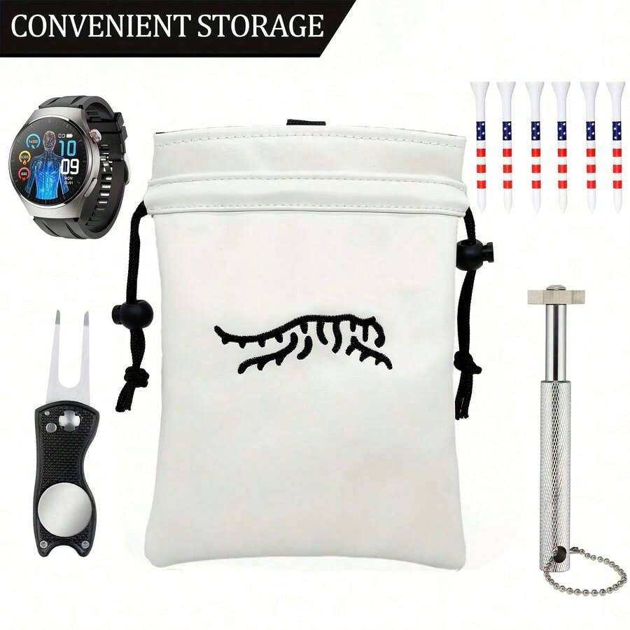 Portable Durable Faux PU Golf Ball & Tee Pouch With Drawstring- Premium Accessory For Men & Women Golfers- Perfect Gift For Dad, Boyfriend, Husband On Birthday, Retirement, Father's Day QCV4