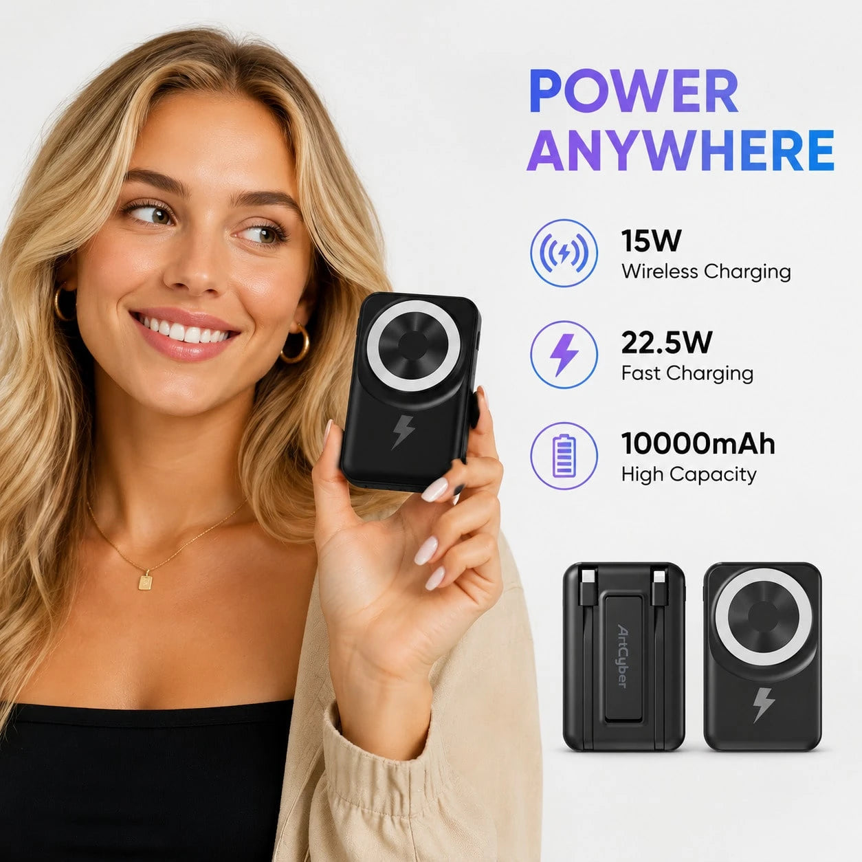 Portable Magnetic Wireless Charger 10000mAh Power Bank With Foldable Stand, Built-In Cables 15W Wireless Fast Charging 22.5W Wired Charging, Travel Essentials Camping Gear Back To School Supplies Coll