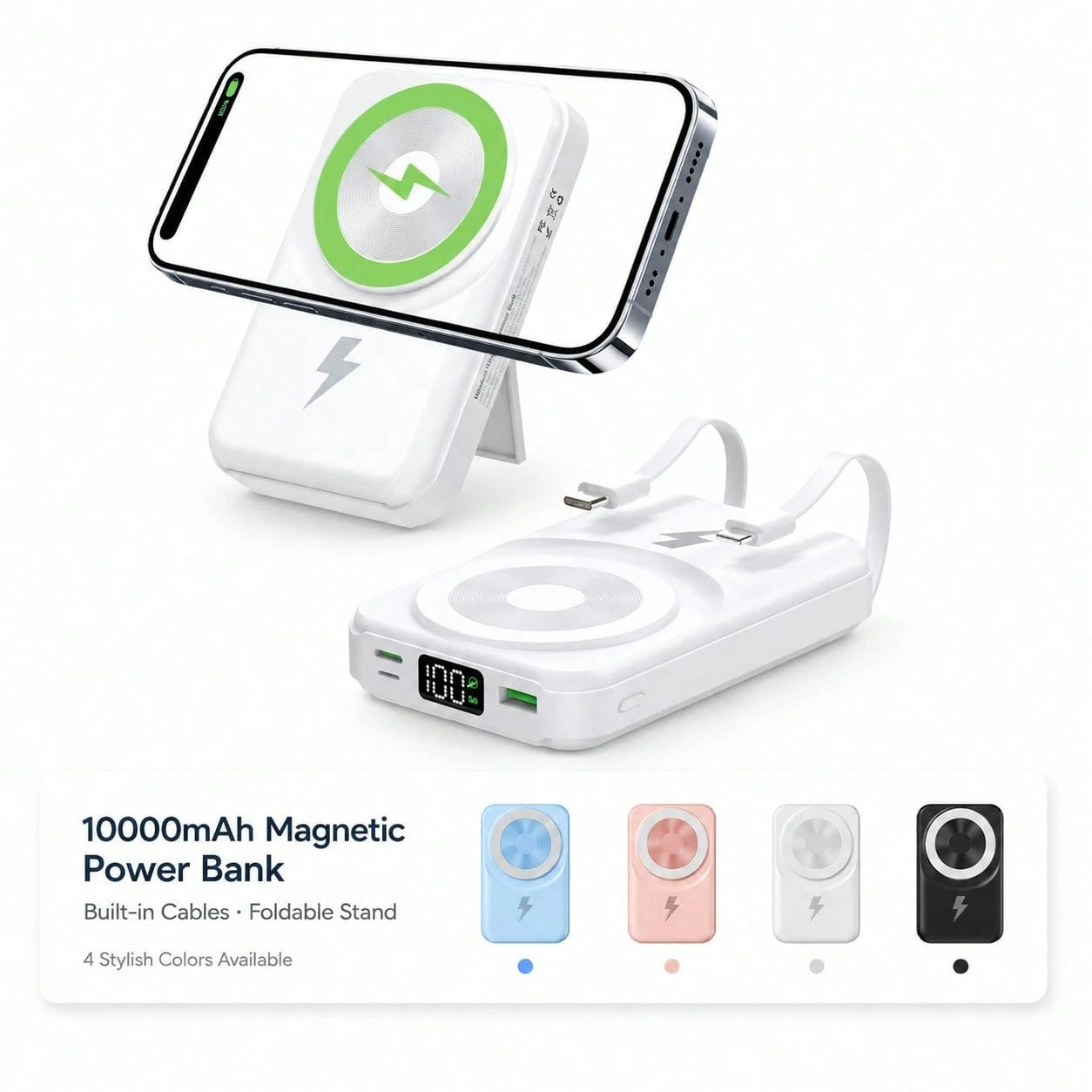 Portable Magnetic Wireless Charger 10000mAh Power Bank With Foldable Stand, Built-In Cables 15W Wireless Fast Charging 22.5W Wired Charging, Travel Essentials Camping Gear Back To School Supplies Coll