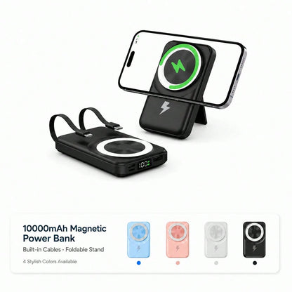Portable Magnetic Wireless Charger 10000mAh Power Bank With Foldable Stand, Built-In Cables 15W Wireless Fast Charging 22.5W Wired Charging, Travel Essentials Camping Gear Back To School Supplies Coll