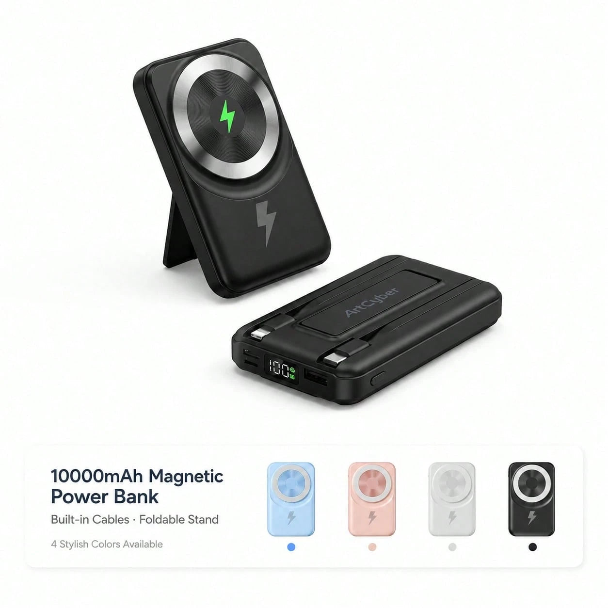 Portable Magnetic Wireless Charger 10000mAh Power Bank With Foldable Stand, Built-In Cables 15W Wireless Fast Charging 22.5W Wired Charging, Travel Essentials Camping Gear Back To School Supplies Coll