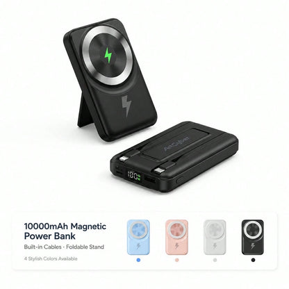Portable Magnetic Wireless Charger 10000mAh Power Bank With Foldable Stand, Built-In Cables 15W Wireless Fast Charging 22.5W Wired Charging, Travel Essentials Camping Gear Back To School Supplies Coll