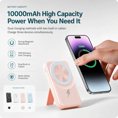Portable Magnetic Wireless Charger 10000mAh Power Bank With Foldable Stand, Built-In Cables 15W Wireless Fast Charging 22.5W Wired Charging, Travel Essentials Camping Gear Back To School Supplies Coll
