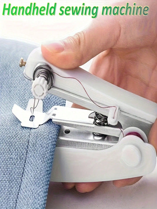 Portable Manual Sewing Machine With Threading System- Handheld, Compact, Lightweight, No Electricity Required, White With Black Base And Blue Panel- Easy To Use, Suitable For Home, Travel, Crafts, T