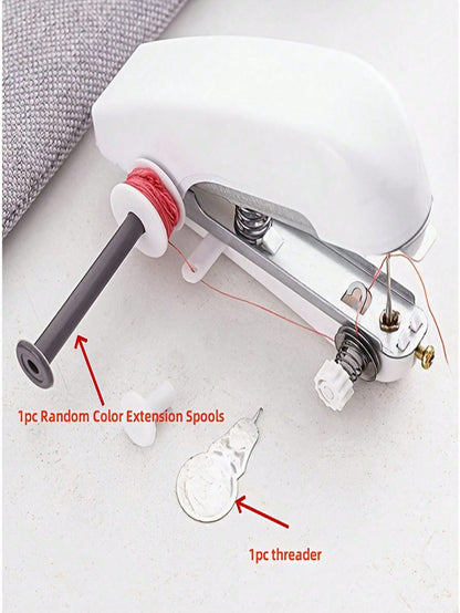 Portable Manual Sewing Machine With Threading System- Handheld, Compact, Lightweight, No Electricity Required, White With Black Base And Blue Panel- Easy To Use, Suitable For Home, Travel, Crafts, T