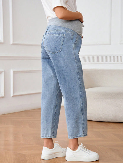 Pregnant Women's Patchwork Pocket Simple Maternity Jeans, Casual Everyday Wear Women Autumn