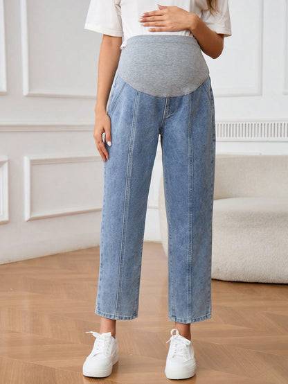 Pregnant Women's Patchwork Pocket Simple Maternity Jeans, Casual Everyday Wear Women Autumn