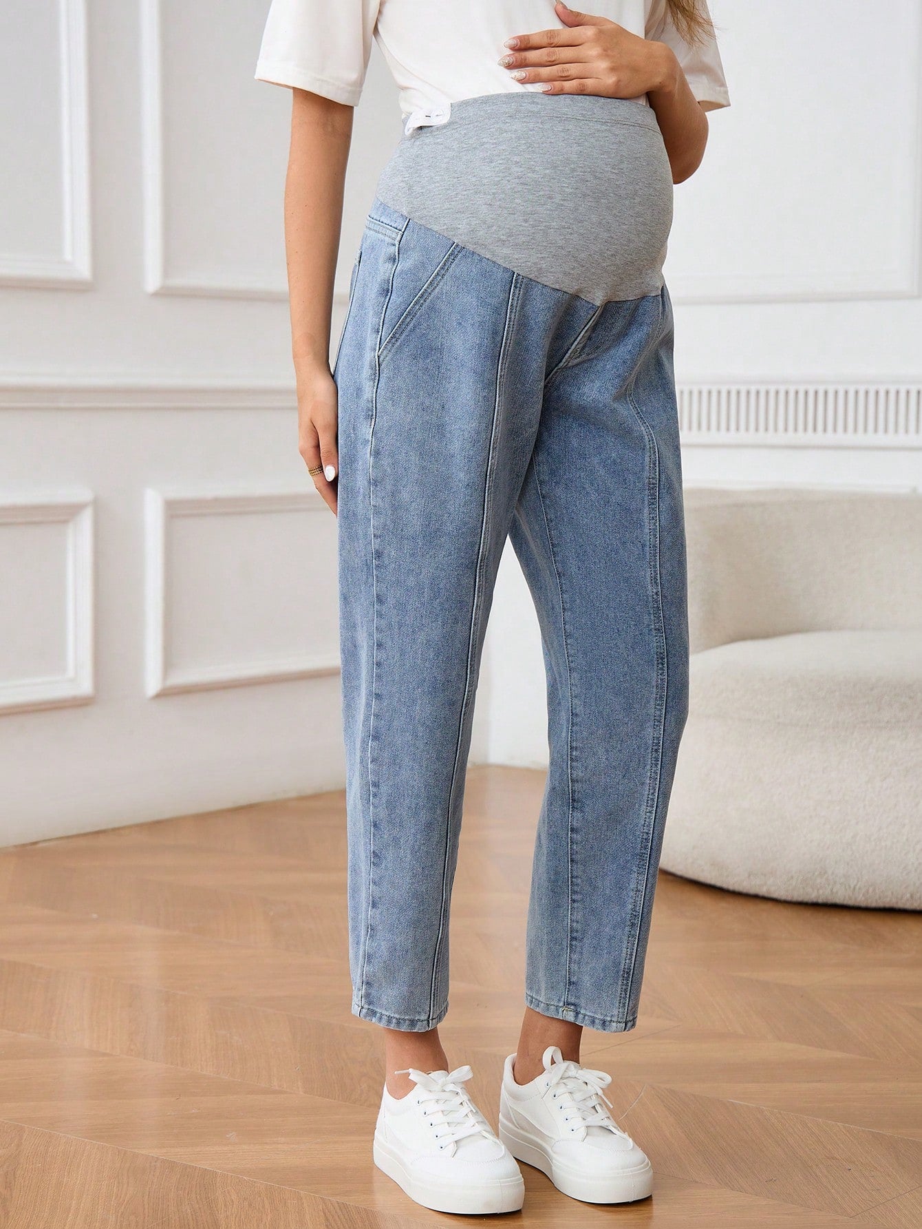 Pregnant Women's Patchwork Pocket Simple Maternity Jeans, Casual Everyday Wear Women Autumn
