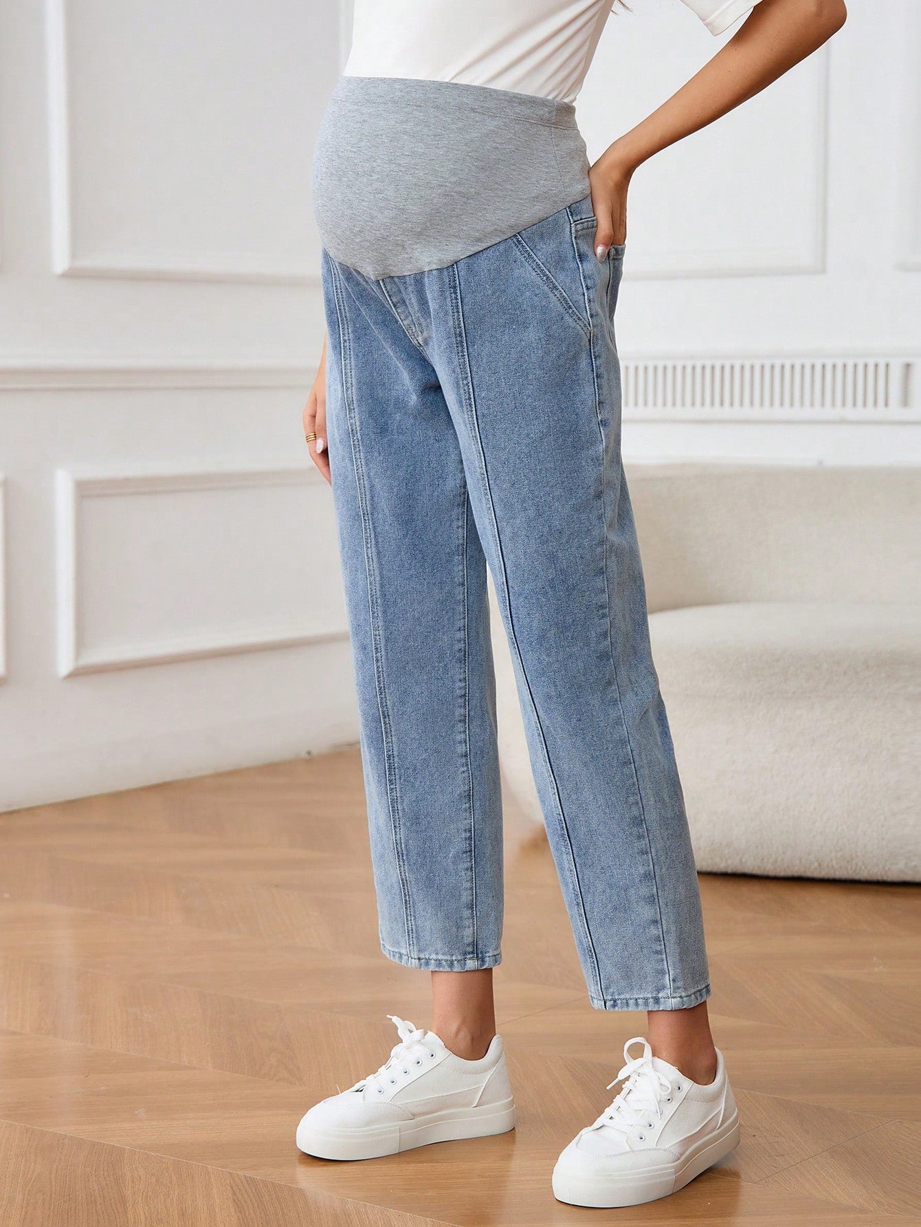 Pregnant Women's Patchwork Pocket Simple Maternity Jeans, Casual Everyday Wear Women Autumn