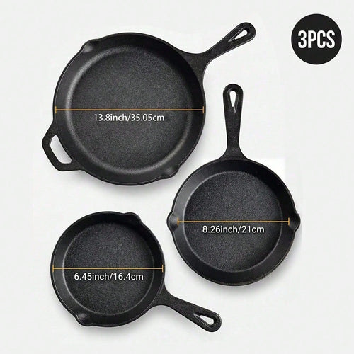 Premium Cast Iron Skillet 3-Piece Set(6/8/10 Inch) Frying Pans, Heavy-Duty Pre-Seasoned Pan Cookware Set- Non-Stick Skillet With Drip Spout, For Frying, Saute, Cooking, Pizza & More, Perfect For Holi