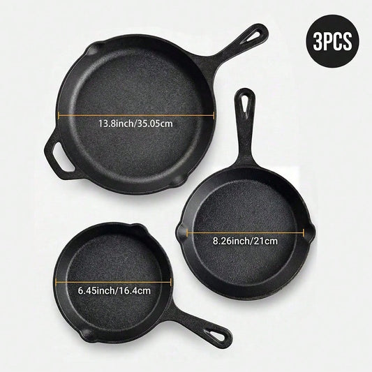 Premium Cast Iron Skillet 3-Piece Set(6/8/10 Inch) Frying Pans, Heavy-Duty Pre-Seasoned Pan Cookware Set- Non-Stick Skillet With Drip Spout, For Frying, Saute, Cooking, Pizza & More, Perfect For Holi