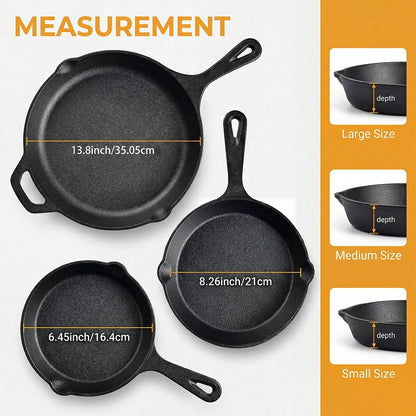 Premium Cast Iron Skillet 3-Piece Set(6/8/10 Inch) Frying Pans, Heavy-Duty Pre-Seasoned Pan Cookware Set- Non-Stick Skillet With Drip Spout, For Frying, Saute, Cooking, Pizza & More, Perfect For Holi