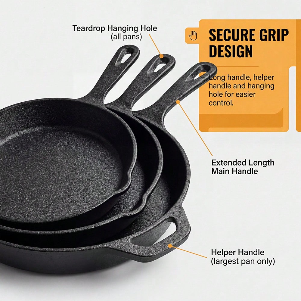 Premium Cast Iron Skillet 3-Piece Set(6/8/10 Inch) Frying Pans, Heavy-Duty Pre-Seasoned Pan Cookware Set- Non-Stick Skillet With Drip Spout, For Frying, Saute, Cooking, Pizza & More, Perfect For Holi