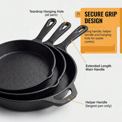 Premium Cast Iron Skillet 3-Piece Set(6/8/10 Inch) Frying Pans, Heavy-Duty Pre-Seasoned Pan Cookware Set- Non-Stick Skillet With Drip Spout, For Frying, Saute, Cooking, Pizza & More, Perfect For Holi