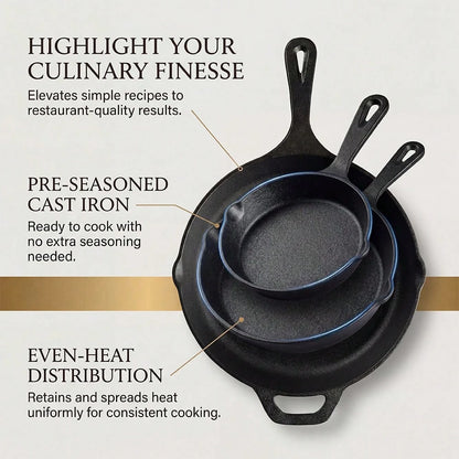 Premium Cast Iron Skillet 3-Piece Set(6/8/10 Inch) Frying Pans, Heavy-Duty Pre-Seasoned Pan Cookware Set- Non-Stick Skillet With Drip Spout, For Frying, Saute, Cooking, Pizza & More, Perfect For Holi