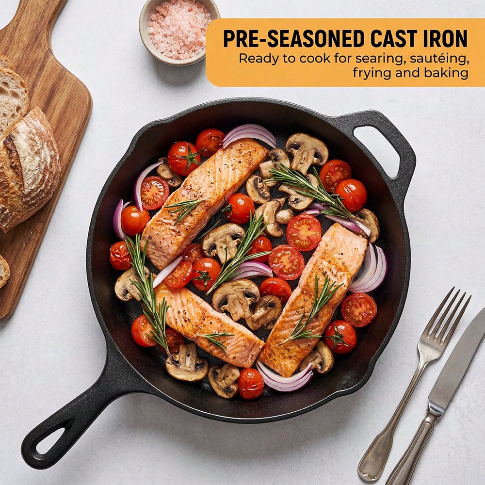 Premium Cast Iron Skillet 3-Piece Set(6/8/10 Inch) Frying Pans, Heavy-Duty Pre-Seasoned Pan Cookware Set- Non-Stick Skillet With Drip Spout, For Frying, Saute, Cooking, Pizza & More, Perfect For Holi