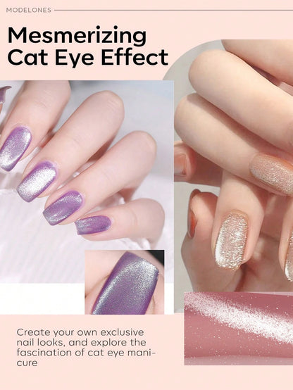 Premium Satin Wide Cat Eye Gel Nail Polish 6-Color Set, High Saturation Magnetic Powder With Delicate Gradient Cat Eye Luster, Includes Magnet Tool, Gentle Removable Non-Damaging Nail Gel, Exquisite G