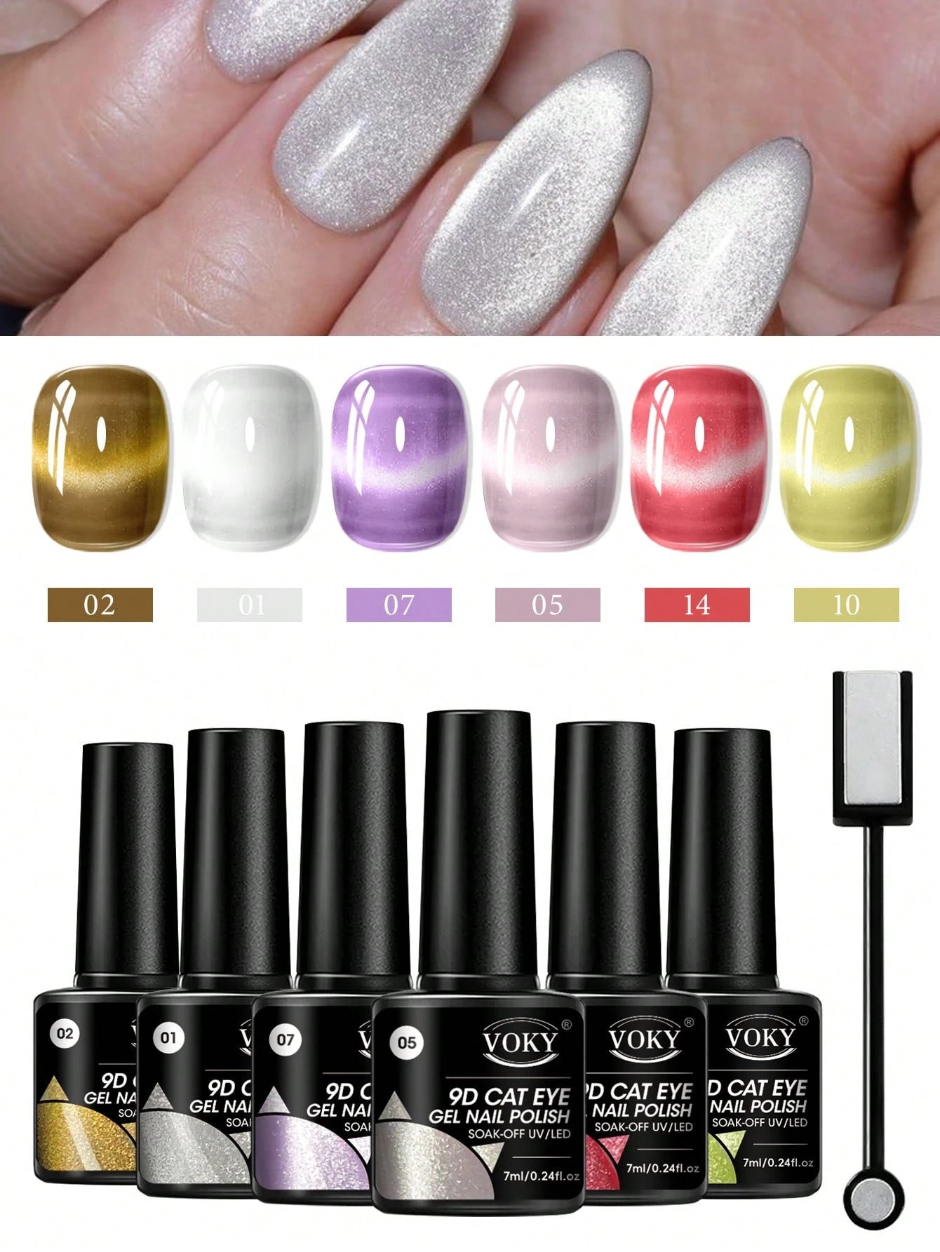 Premium Satin Wide Cat Eye Gel Nail Polish 6-Color Set, High Saturation Magnetic Powder With Delicate Gradient Cat Eye Luster, Includes Magnet Tool, Gentle Removable Non-Damaging Nail Gel, Exquisite G