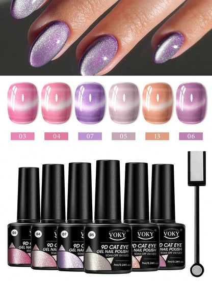 Premium Satin Wide Cat Eye Gel Nail Polish 6-Color Set, High Saturation Magnetic Powder With Delicate Gradient Cat Eye Luster, Includes Magnet Tool, Gentle Removable Non-Damaging Nail Gel, Exquisite G