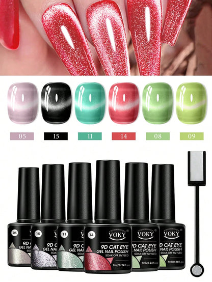 Premium Satin Wide Cat Eye Gel Nail Polish 6-Color Set, High Saturation Magnetic Powder With Delicate Gradient Cat Eye Luster, Includes Magnet Tool, Gentle Removable Non-Damaging Nail Gel, Exquisite G