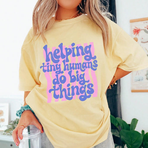 Preppy Helping Tiny Humans Teacher T-Shirt Cute Groovy Back To School Graphic Tee Summer Vacation Outfits Women