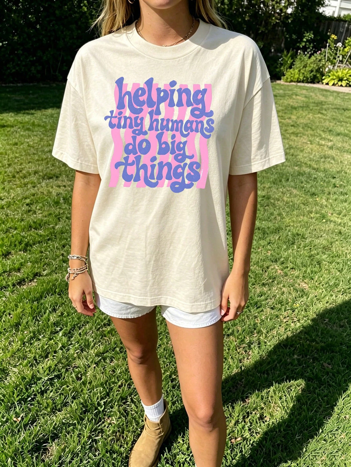 Preppy Helping Tiny Humans Teacher T-Shirt Cute Groovy Back To School Graphic Tee Summer Vacation Outfits Women