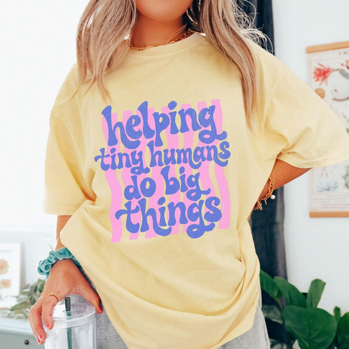 Preppy Helping Tiny Humans Teacher T-Shirt Cute Groovy Back To School Graphic Tee Summer Vacation Outfits Women