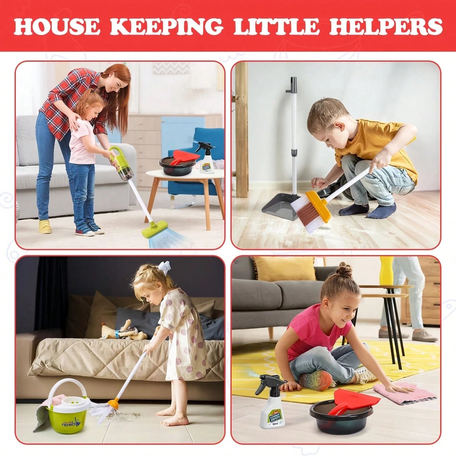 Pretend House Cleaning Vehicle Toy Set| With Vacuum Cleaner And Multi-Functional Cleaning Tools, Durable ABS Material, Realistic Cleaning Set Including Mop, Broom, Dustpan, Bucket, Suitable For Boys