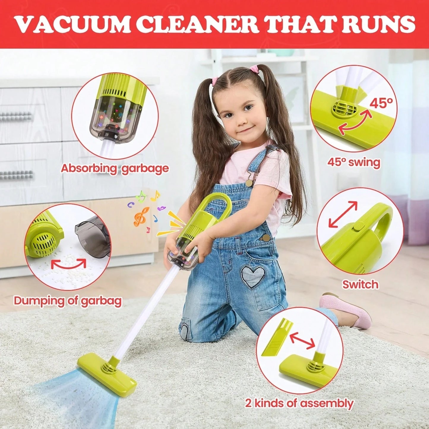 Pretend House Cleaning Vehicle Toy Set| With Vacuum Cleaner And Multi-Functional Cleaning Tools, Durable ABS Material, Realistic Cleaning Set Including Mop, Broom, Dustpan, Bucket, Suitable For Boys