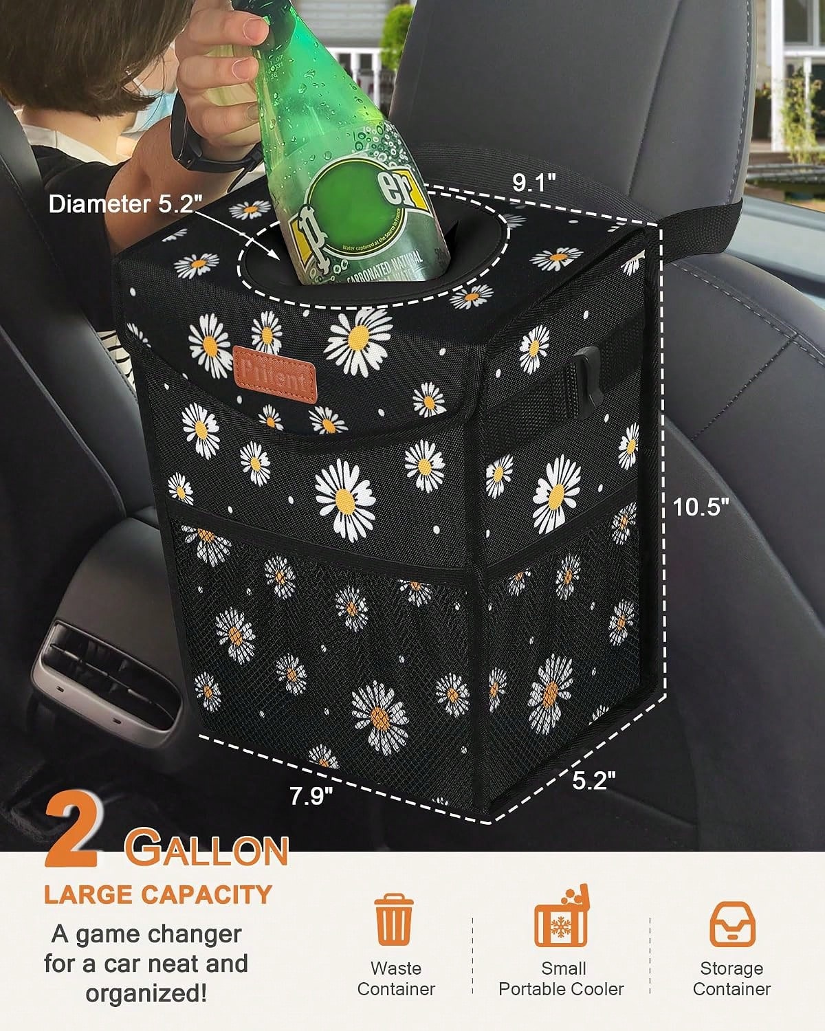 Pritent Car Trash Can With Lid, Cute Leakproof Car Trash Garbage Bag Hanging Vehicle Trash Bin Small Portable Automotive Garbage Cans Organizer For