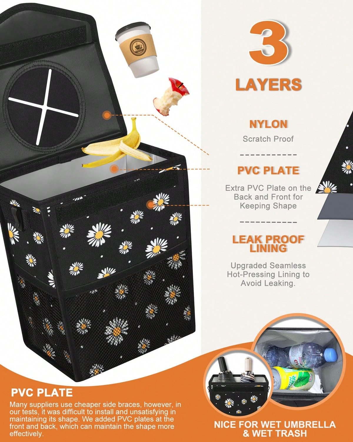Pritent Car Trash Can With Lid, Cute Leakproof Car Trash Garbage Bag Hanging Vehicle Trash Bin Small Portable Automotive Garbage Cans Organizer For