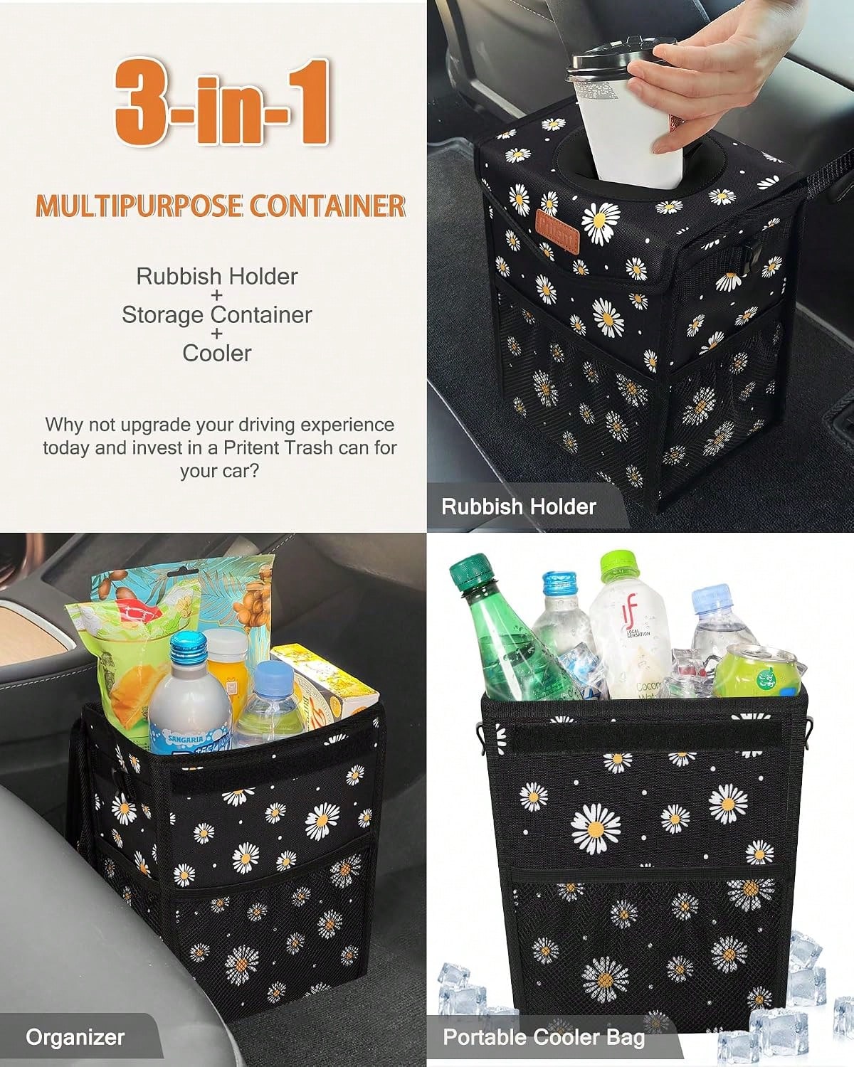 Pritent Car Trash Can With Lid, Cute Leakproof Car Trash Garbage Bag Hanging Vehicle Trash Bin Small Portable Automotive Garbage Cans Organizer For