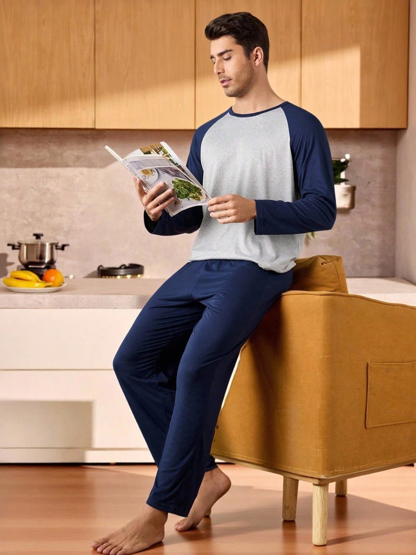 Provexi 2PCS Men's Colorblock Long Sleeve Top & Pants Pajama Set For Men Sleepwear Nightwear, Fall Winter Clothes
