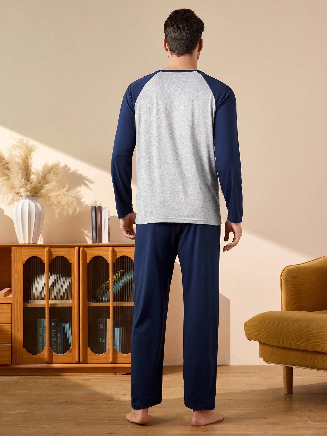 Provexi 2PCS Men's Colorblock Long Sleeve Top & Pants Pajama Set For Men Sleepwear Nightwear, Fall Winter Clothes
