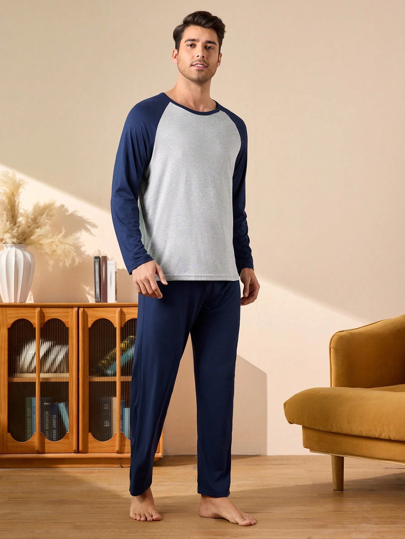Provexi 2PCS Men's Colorblock Long Sleeve Top & Pants Pajama Set For Men Sleepwear Nightwear, Fall Winter Clothes