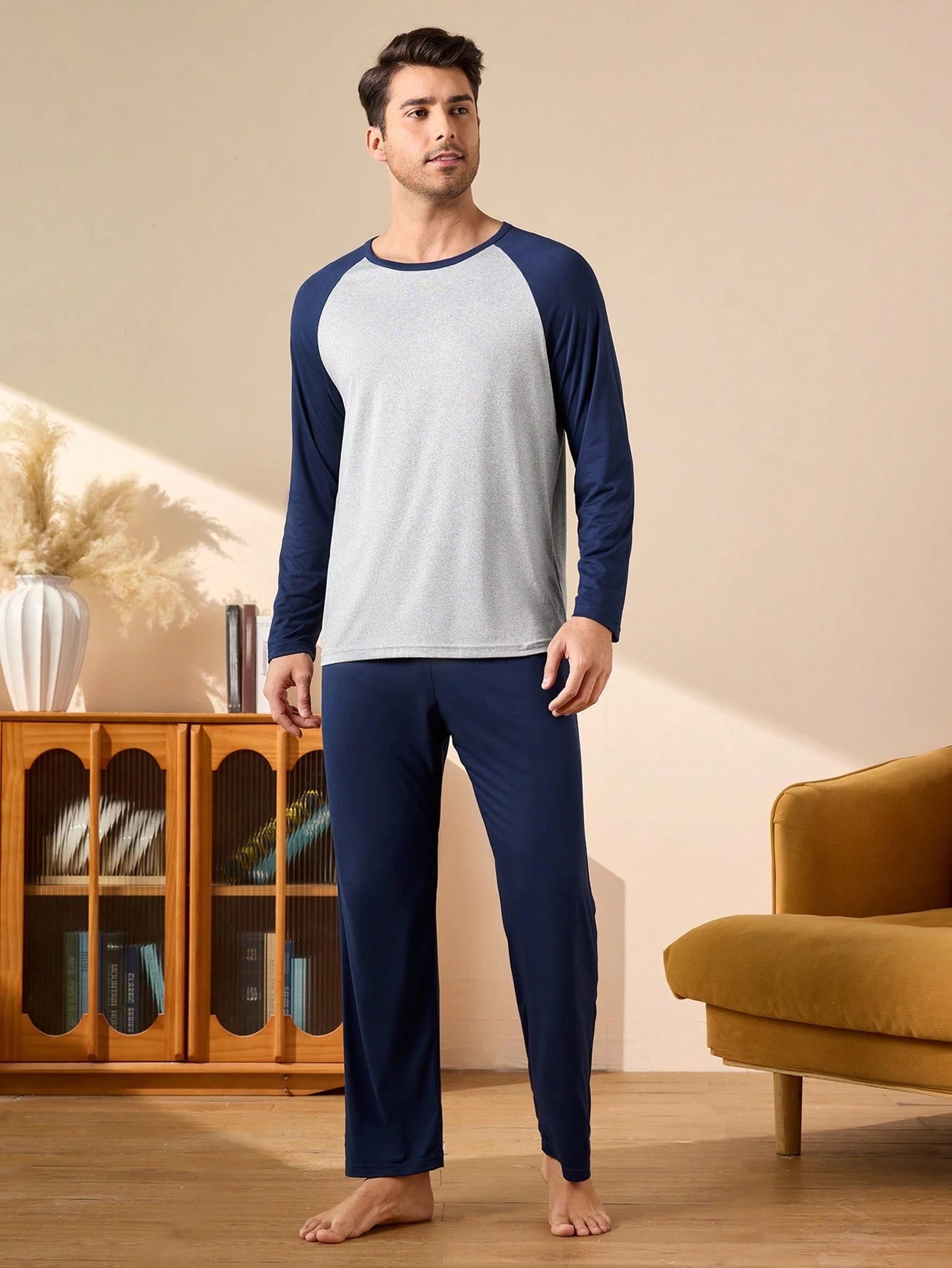 Provexi 2PCS Men's Colorblock Long Sleeve Top & Pants Pajama Set For Men Sleepwear Nightwear, Fall Winter Clothes