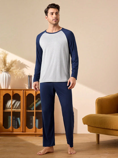 Provexi 2PCS Men's Colorblock Long Sleeve Top & Pants Pajama Set For Men Sleepwear Nightwear, Fall Winter Clothes