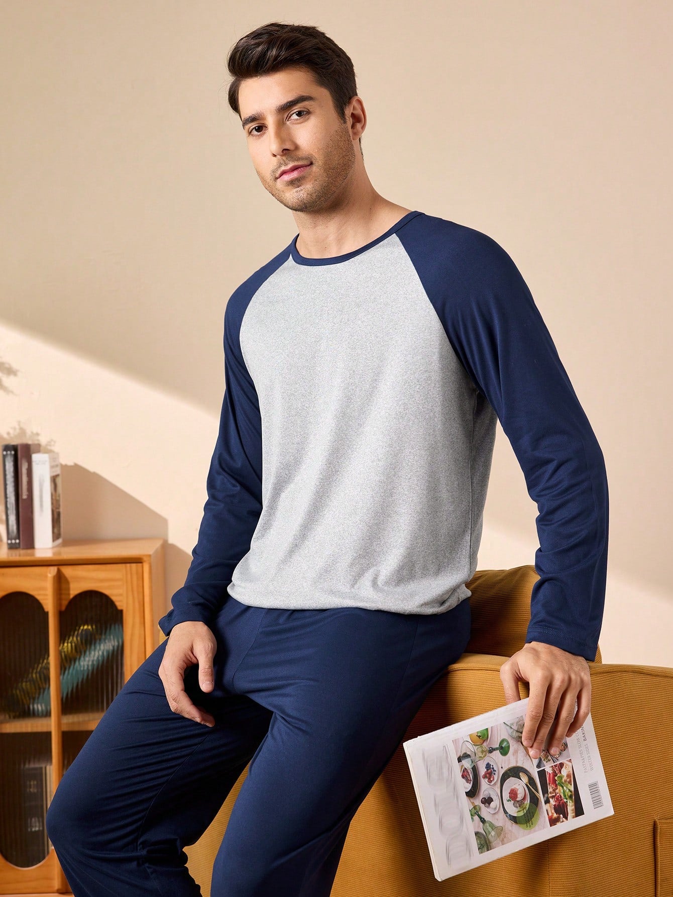 Provexi 2PCS Men's Colorblock Long Sleeve Top & Pants Pajama Set For Men Sleepwear Nightwear, Fall Winter Clothes