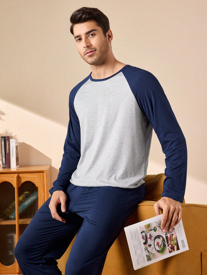 Provexi 2PCS Men's Colorblock Long Sleeve Top & Pants Pajama Set For Men Sleepwear Nightwear, Fall Winter Clothes