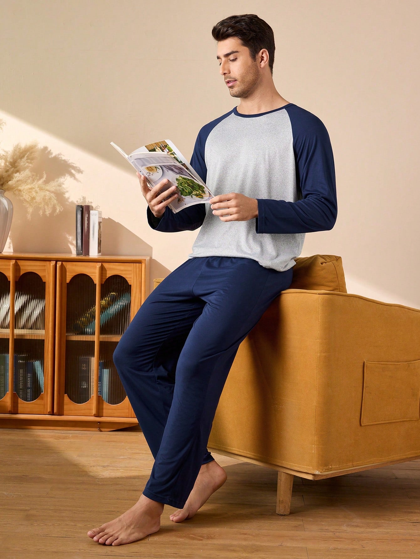 Provexi 2PCS Men's Colorblock Long Sleeve Top & Pants Pajama Set For Men Sleepwear Nightwear, Fall Winter Clothes