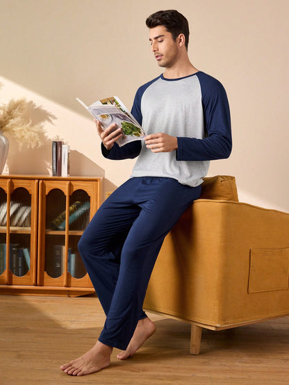 Provexi 2PCS Men's Colorblock Long Sleeve Top & Pants Pajama Set For Men Sleepwear Nightwear, Fall Winter Clothes