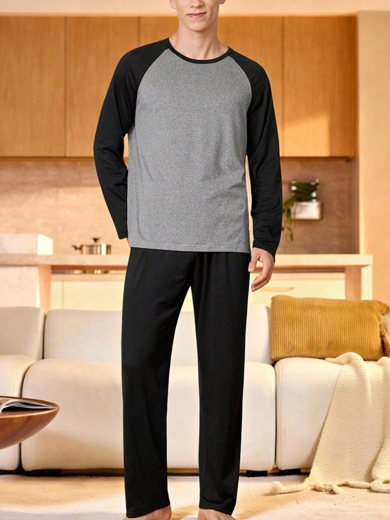 Provexi 2PCS Men's Colorblock Long Sleeve Top & Pants Pajama Set For Men Sleepwear Nightwear, Fall Winter Clothes