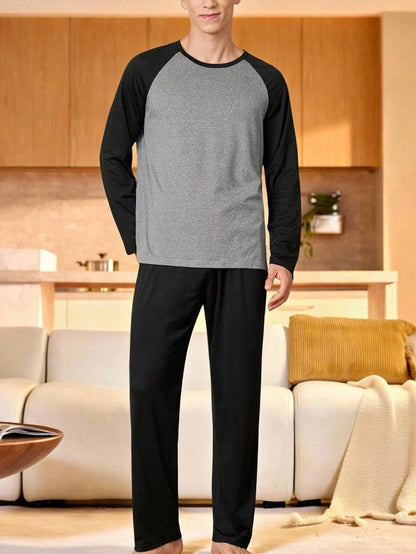 Provexi 2PCS Men's Colorblock Long Sleeve Top & Pants Pajama Set For Men Sleepwear Nightwear, Fall Winter Clothes