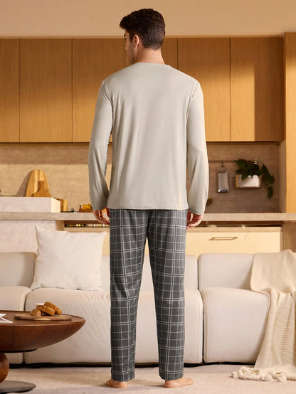 Provexi Men's Plaid Long Sleeve Shirt & Pants Pajama Set, Fall Winter Clothes