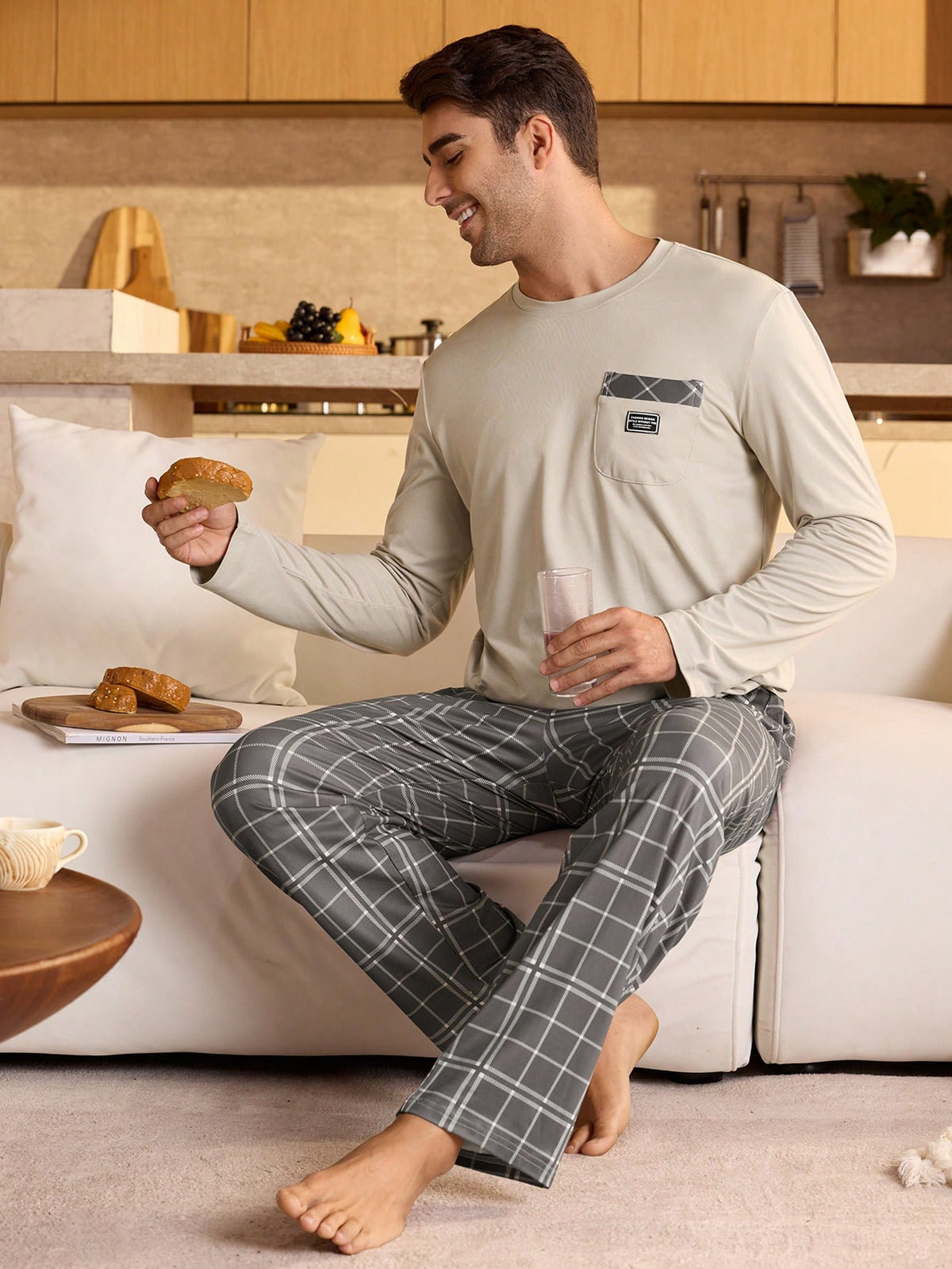 Provexi Men's Plaid Long Sleeve Shirt & Pants Pajama Set, Fall Winter Clothes
